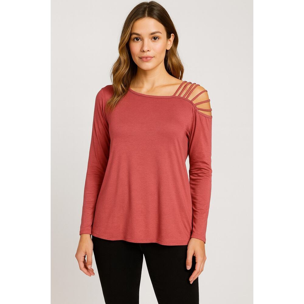NEW BiBi Boutique Rose Pink Strappy Shoulder Long Sleeve Top Chic Modern